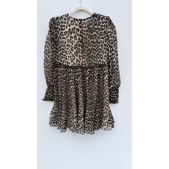 GANNI Leopard Print Babydoll Dress Size 38 Sz 6 Puff Sleeve Pleated Sheer Lined - Picture 4 of 10